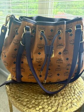 MCM Cognac Large Bucket Bag with Purple Trim and Gold Hardware